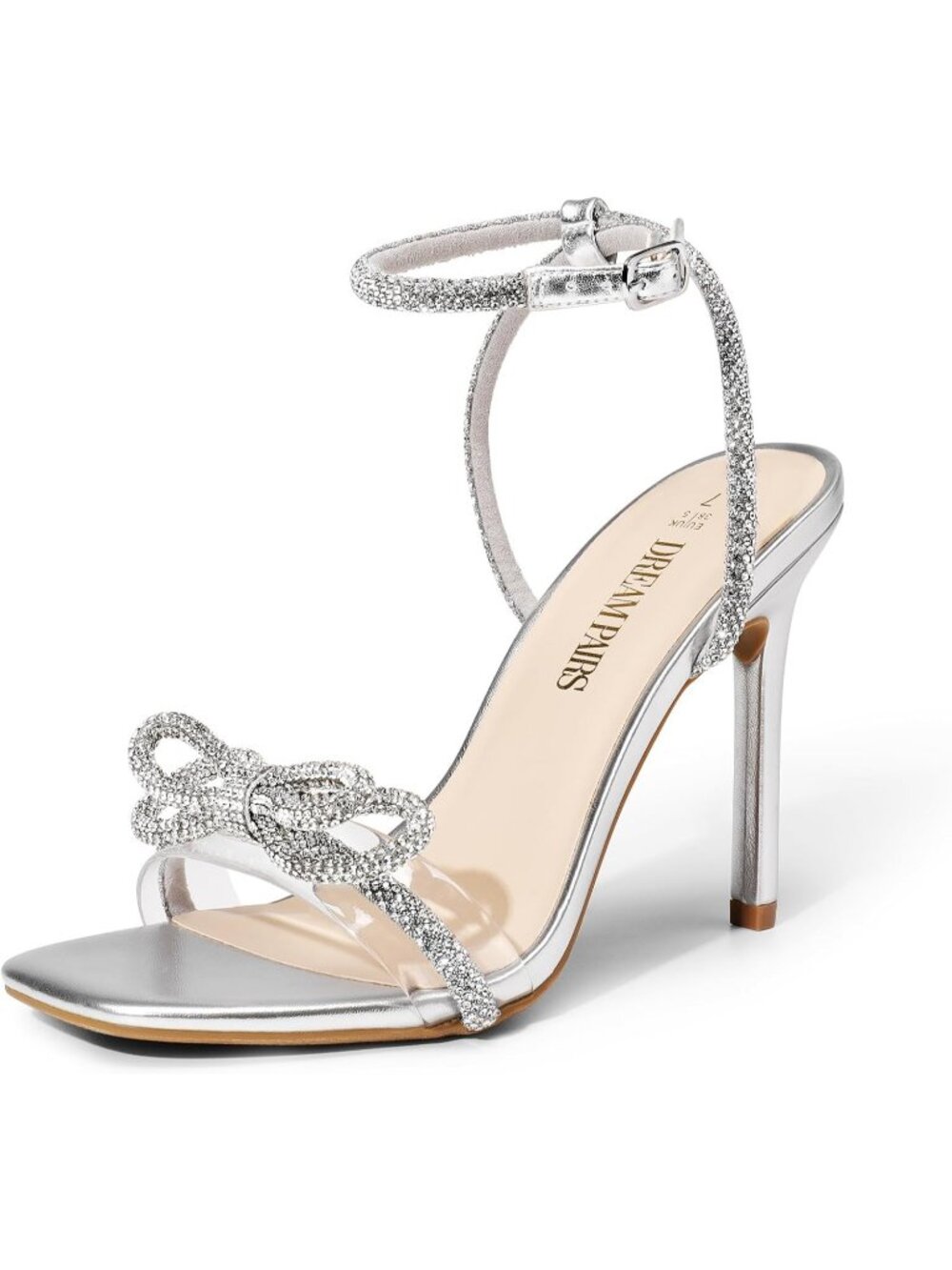 Women's Sliver Double Bowknots Heels Sandals High Heeled Open Square Toe Shoes